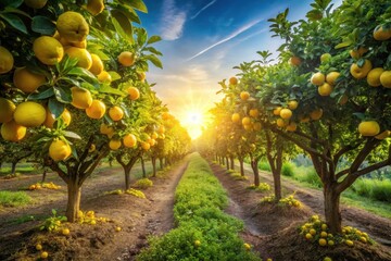 Golden Hour in a Citrus Grove Rows of Lush Trees Heavy with Ripe Fruit Bask in the Warm Sunset Glow