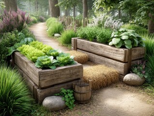 Fototapeta premium Explore the Beauty of an Eco-Friendly Garden with a Cozy Wooden Bench Surrounded by Lush Plants