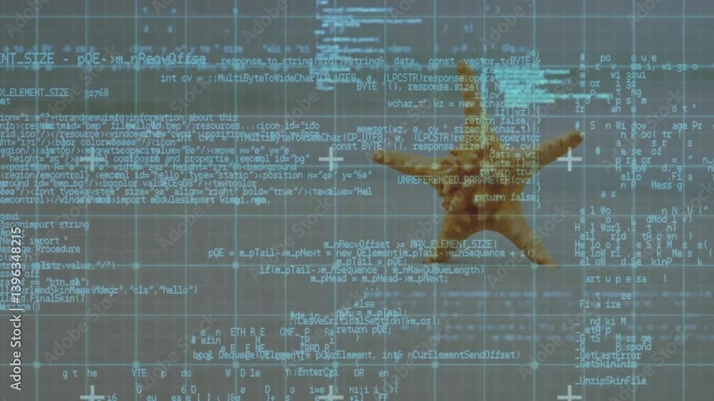 Poster animation of starfish on programming code and data grid background