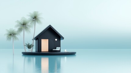 Minimalist Black House on Calm Water Island 3D Render