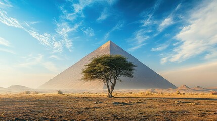 A lone acacia tree stands before the majestic pyramids of egypt under a brilliant sky.