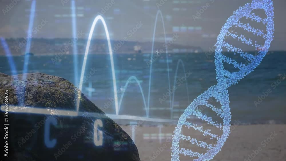 Poster dna strand processing animation over coastal landscape with data elements floating