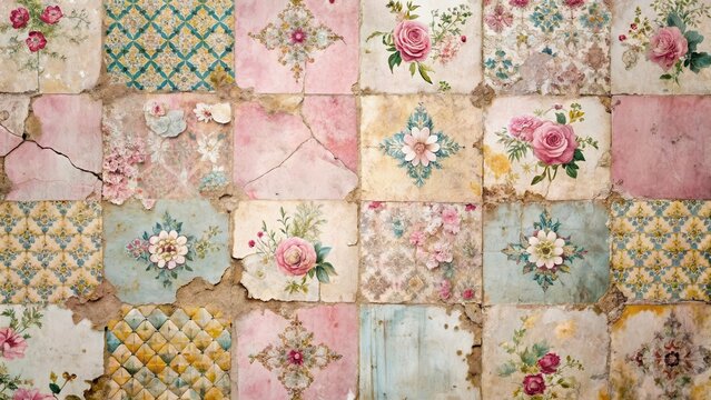 A Patchwork of Antique Floral Tiles, Displaying Delicate Rose and Other Botanical Designs, with Visible Signs of Age and Wear, Creating a Distressed and Romantic Aesthetic