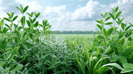 Obraz premium Exploring Eco-Friendly Farming Practices in Vibrant Green Plant Fields Under a Clear Blue Sky