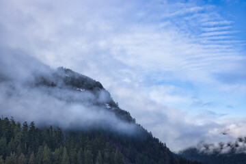 Moody forest landscape whit fog and mist at Cameron Lake, Vancouver Island, British Colombia, Canada