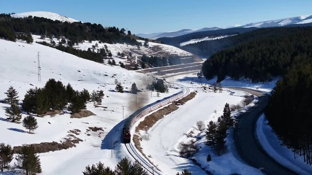 Eastern Express (Dogu Ekspresi) in the Winter Season Drone Video, Ankara to Kars Express, Kars Turkey (Turkiye) 