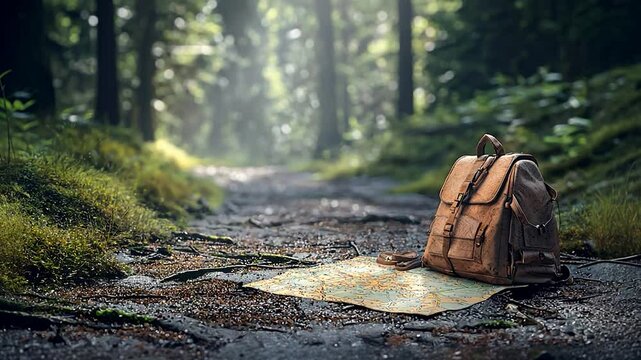 A weathered backpack rests on a detailed map along a serene forest path, sunlight filtering through trees