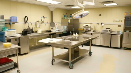 Showcasing the Beauty of Medical Precision: The Orderly Arrangement of Clean Medical Lab Equipment! The picture focuses on an immaculate medical laboratory where various equipment such as analyzers an