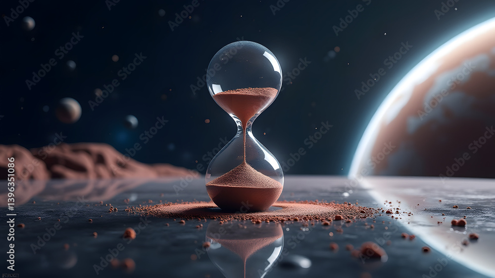 Aufkleber exoplanet hourglass with orbit diagrams floats by telescope array. planetary mirror reflects at 16k.