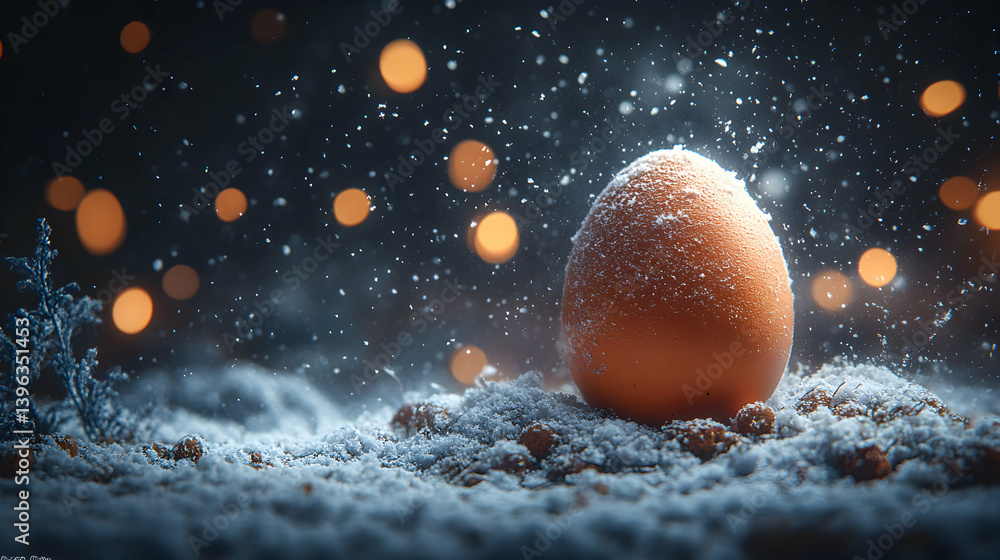 Aufkleber a single brown egg rests in the snow, dusted with a light layer of frost. soft bokeh lights illumina