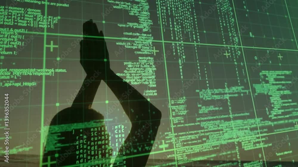 Poster hands together over green computer code and data, person creating animation