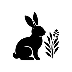 Sylwetka królika. Zając i graficzna roślina. Wielkanocna ilustracja w prostym stylu na kartki świąteczne, banery, życzenia i do innych projektów. © Monika