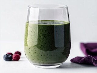  A transparent glass filled with a green smoothie  isolated on a white background 