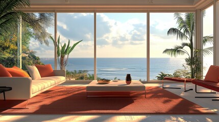 Obraz premium Luxurious modern living room showcasing an ocean view with natural light