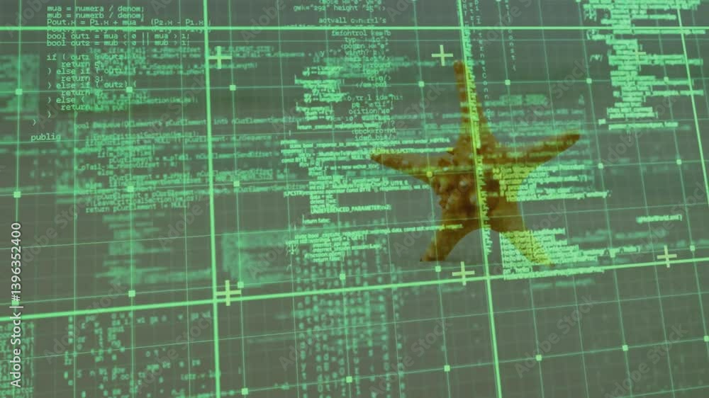 Poster starfish animation overlaid with digital code and grid interface in school setting