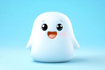 Cute, light-blue, cartoon ghost.  Happy, smiling, and adorable 3D character against a soft blue background