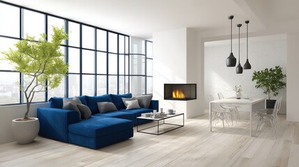A minimalist modern living room with golden teak wood flooring and pearl white cabinetry, hosting a cobalt blue sectional and a minimalist iron coffee table