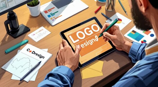 Person designing logo on tablet, office background
