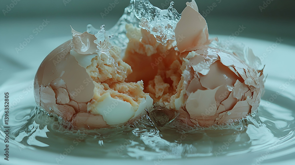 Poster a dramatically cracked egg submerged in water, showcasing the shell's fragmented texture and the yol