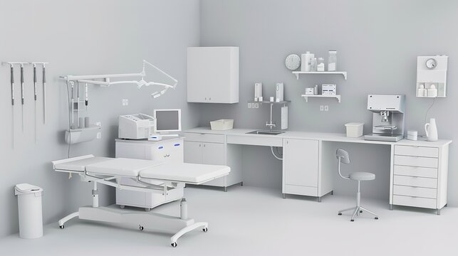 Showcasing the Beauty of Medical Precision: The Orderly Arrangement of Clean Medical Lab Equipment! The picture focuses on an immaculate medical laboratory where various equipment such as analyzers an