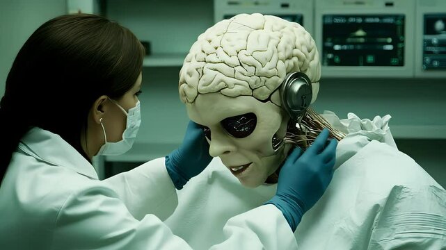Scientist Assisting Alien with Brain Implant in Medical Laboratory Setting

