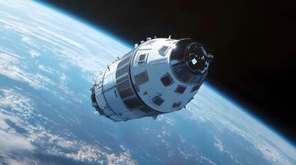 Fototapeta premium Spacecraft orbits earth with blue planet and dark space background.