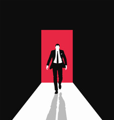 Businessman Walking Forward Silhouette. Confidence, Power, Leadership. Simple Minimal Design. Trendy Style Graphic. Flat Vector Illustration of Corporate Professional in Suit, Abstract Red Background.