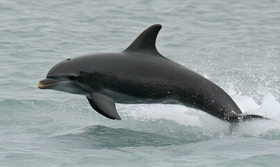 Fototapeta premium Majestic Heaviside's dolphin leaping from the ocean, showcasing its sleek dark body and powerful form against the tranquil water.