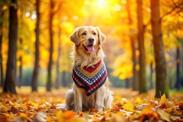 Golden Retriever in Autumnal Park, Wearing a Cozy Knitted Scarf, Amidst Vibrant Fall Foliage