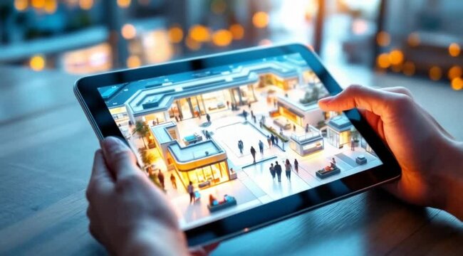 Hands holding tablet displaying virtual shopping mall