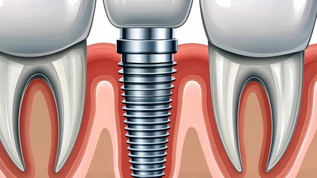 Dental implant procedure demonstrating a titanium post between natural teeth with soft tissue around the gums