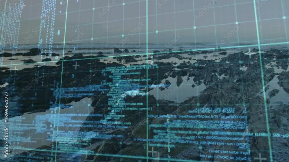 Poster coding animation overlaying digital data on rocky coastal landscape at school