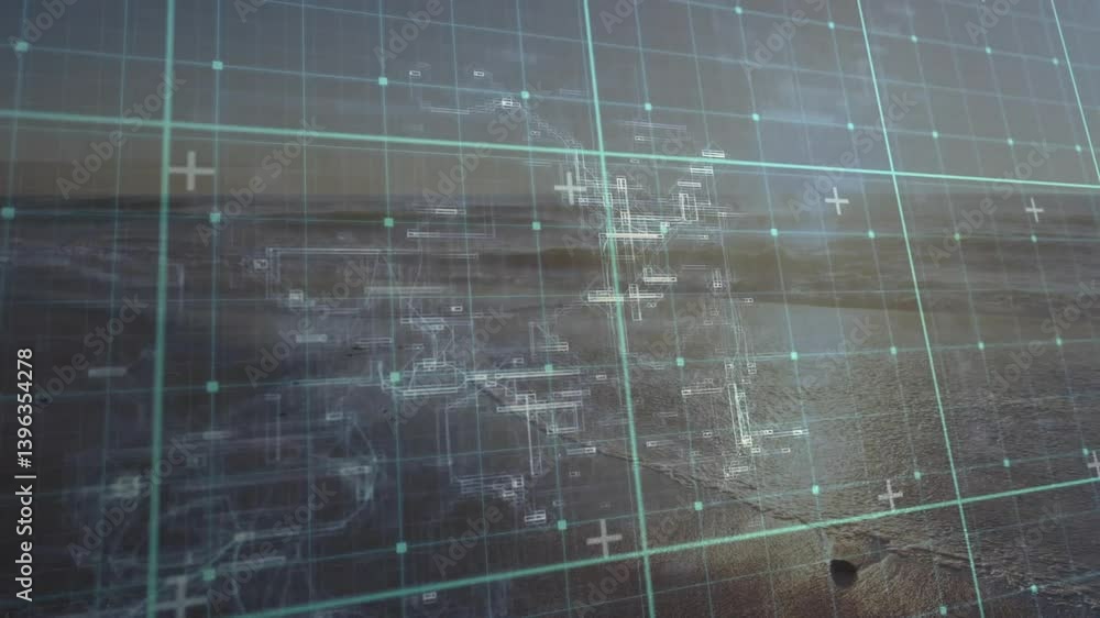 Poster overlaying blueprint grid on aerial landscape, creating technical animation design