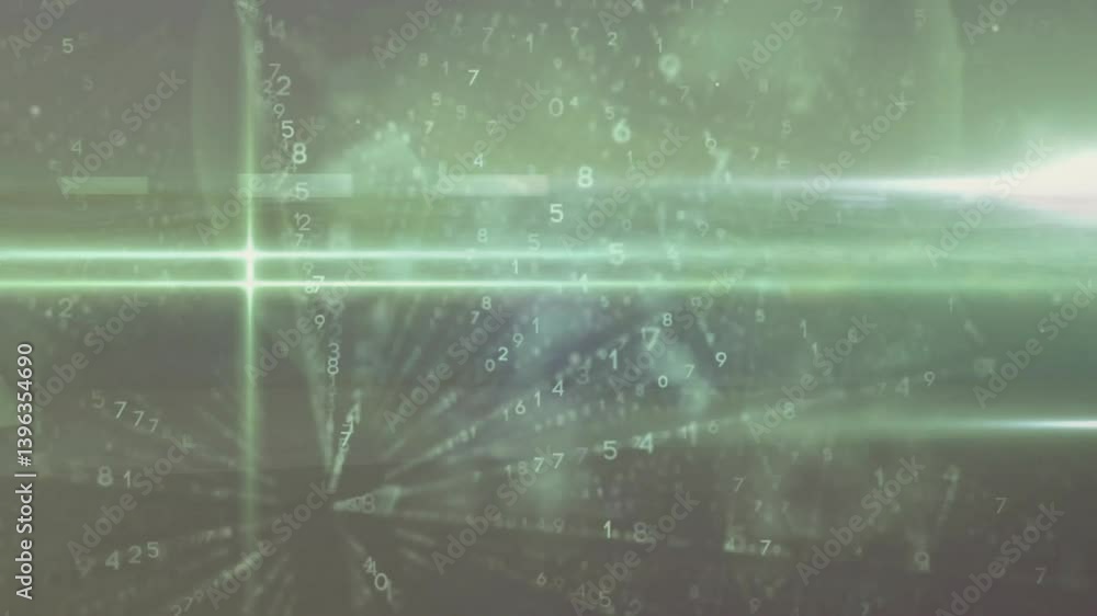 Poster green digital numbers and lines forming abstract data processing animation