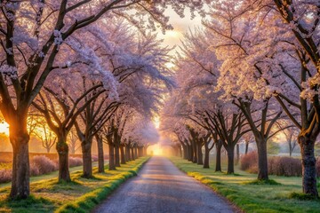 A Serene Pathway Lined with Blossoming Trees at Sunrise, Bathed in Golden Light and Gentle Morning Mist