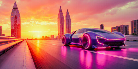 Dawn lines move. Sleek sedan car, high tech led neon glow, fast tower road. City down view, dusk pink sky. Urban over drive trip, speed blur motion, turn race track, back light tail. Route edge side.