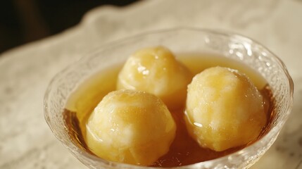 Soft spongy rasgullas floating sugar syrup served in a small crystal bowl