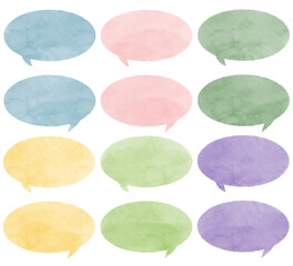 水彩風のテクスチャーのある楕円形の吹き出しセット（パステルカラー）