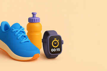 Blue athletic shoe, an orange water bottle with a purple lid, and a smartwatch displaying a timer set at 15 seconds. The background is a light beige color. Fitness and exercise thematic.