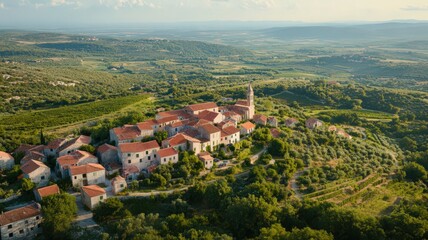 Aerial View of Hilltop Village With Red Tile Roofs and Stone Church Tower in Groznjan Istria Croatia Under Blue Sky and Green Trees In Summer Day