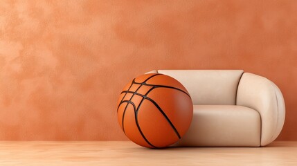 Orange Basketball and Beige Sofa Against Terracotta Wall