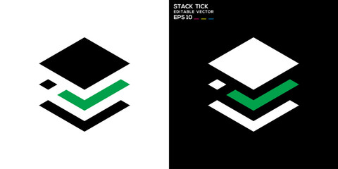 Stack tick logo. Layer, page, check, success. Vector icon symbol design template EPS 10.