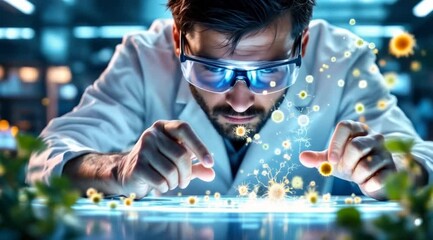 Scientist observing microscopic particles in lab