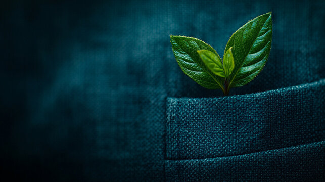 A plant emerging from a new suit pocket symbolizes sustainable business growth and the integration of ESG (Environmental, Social, and Governance) principles in modern corporate strategies.

