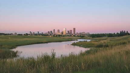 Fototapeta premium Serene sunset over cityscape reflected in calm water. City skyline at dusk.