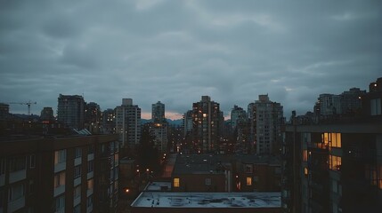 Fototapeta premium Cityscape at Dusk. A captivating view of city buildings at twilight, showcasing the warm glow of apartment windows against a moody sky.