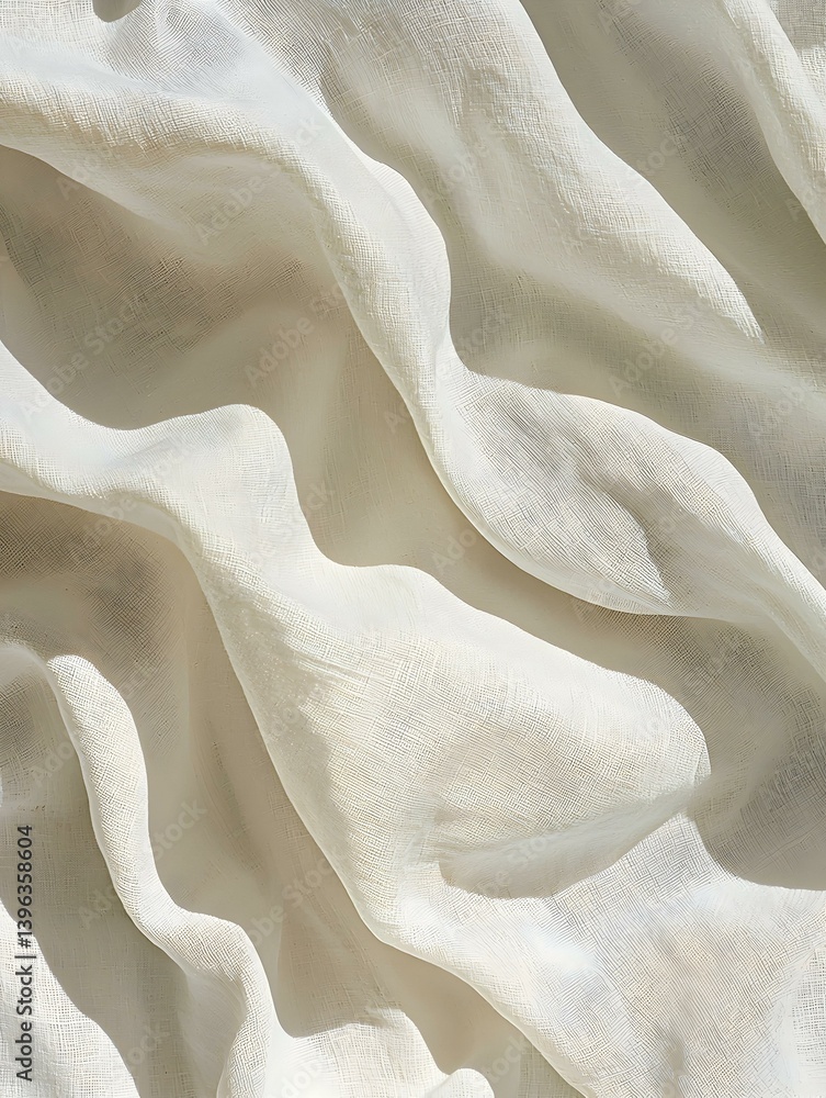 Poster abstract image of creamy white fabric with soft folds and texture, lit by sunlight. ideal for backgr