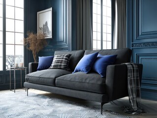 A refined living room designed with a dark gray three-seater sofa on metal legs, set against a backdrop of retro black wood grain