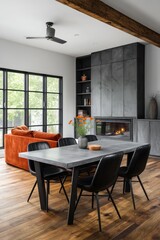 A Scandinavian-style living room with rustic walnut flooring