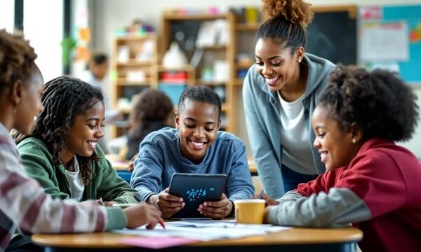 Diverse students and teacher collaborating on digital tablet in classroom